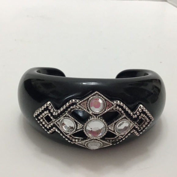 VTG Rhinestone jewelled black resin domed cuff & VTG suede Floral Bracelet - Picture 8 of 14